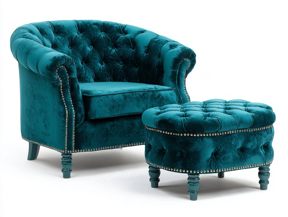Fauteuil en tissu - Velours - 92 x 89 x 101cm - Bleu canard - Chesterfield élégant