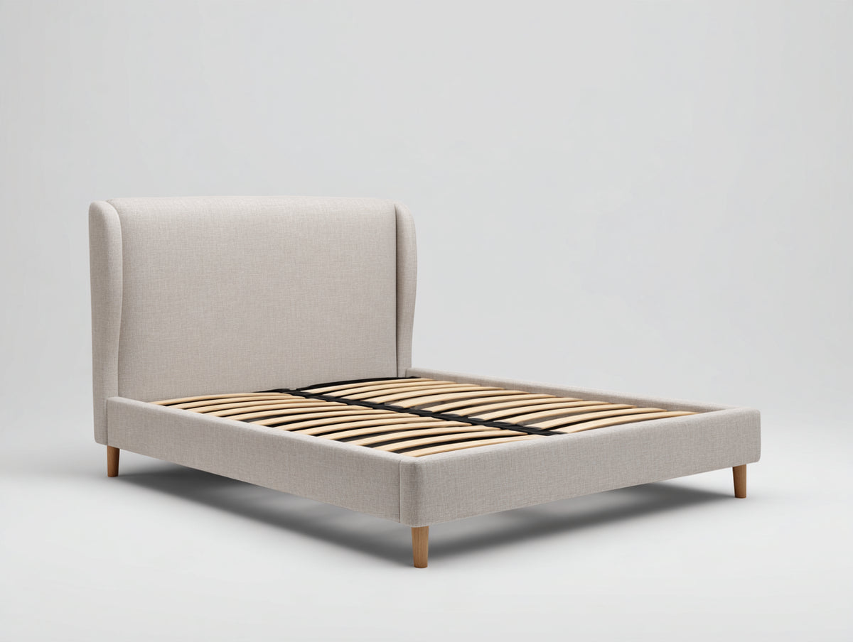 Lit double - tissu-bois - 219x177x113 cm - beige clair - style moderne