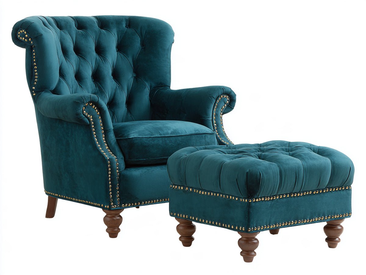 Fauteuil en tissu - Velours - 88 x 90 x 108cm - Bleu pétrole - Chesterfield classique