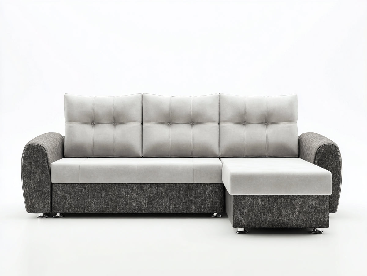 Canapé d'angle - tissu - 292 x 172 x 90 cm - blanc cassé-gris foncé - style contemporain capitonné