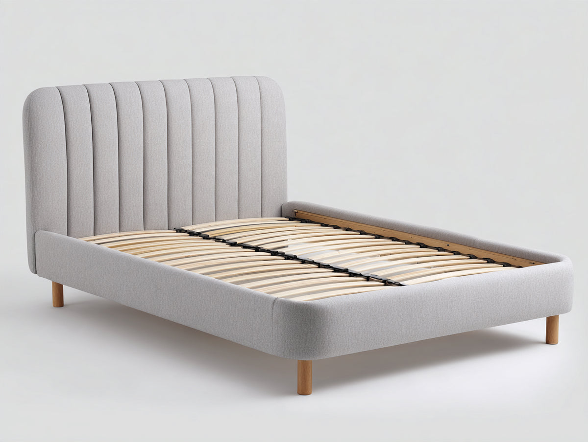 Lit double - tissu-bois - 218x176x116 cm - gris clair - style moderne