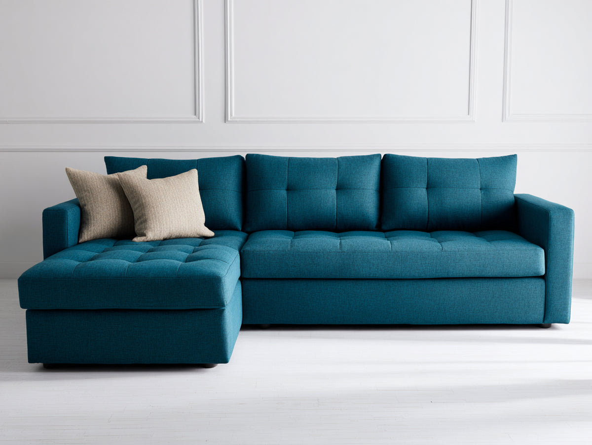 Canapé d'angle - tissu - 318 x 188 x 91 cm - bleu pétrole - style moderne capitonné