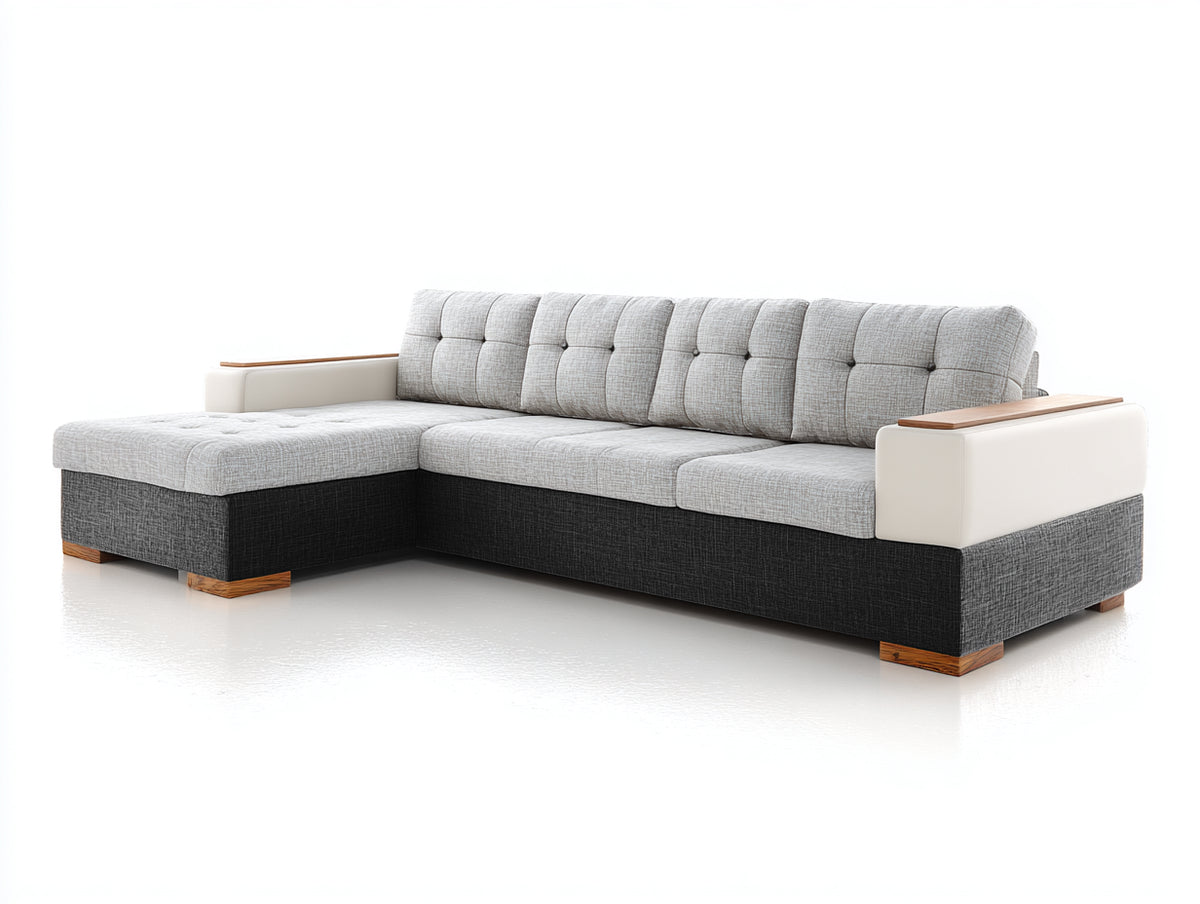 Canapé d'angle - tissu-similicuir - 294 x 183 x 86 cm - gris clair-gris anthracite-blanc - style moderne capitonné